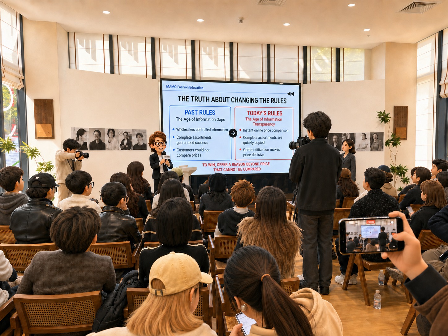 教室でファッションビジネスを解説するサンクス先生